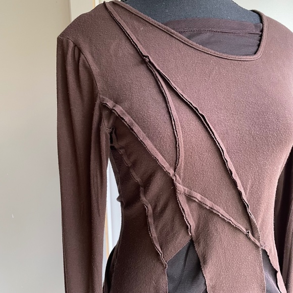 Long Sleeve Tee Dressy. Top Sheer Neck, Raw Seems, Flattering Criss Cross - Picture 3 of 10